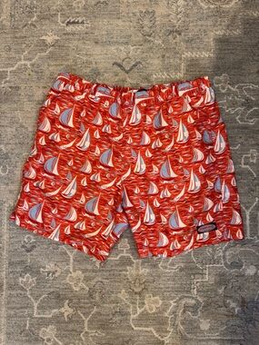 Vineyard Vines Red Sailboat Print Swim Trunks